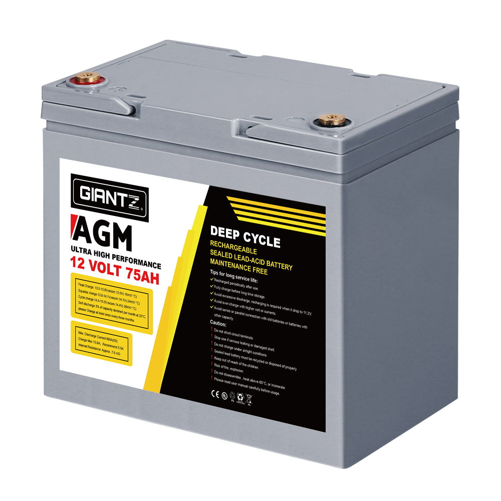 Giantz 75Ah Deep Cycle Battery & Battery Box 12V AGM Marine Sealed Power Solar Caravan 4WD Camping