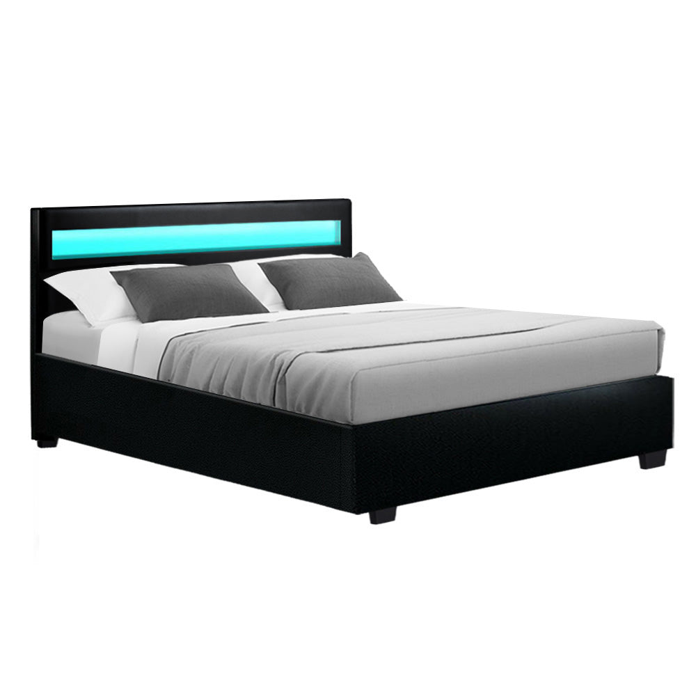 LED Bed Frame PU Leather Gas Lift Storage - Black Double