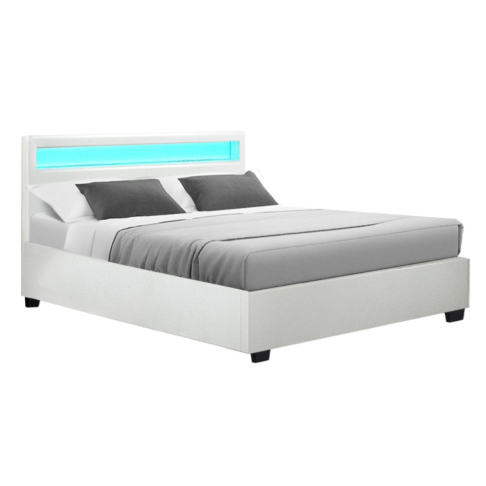 LED Bed Frame PU Leather Gas Lift Storage - White Double