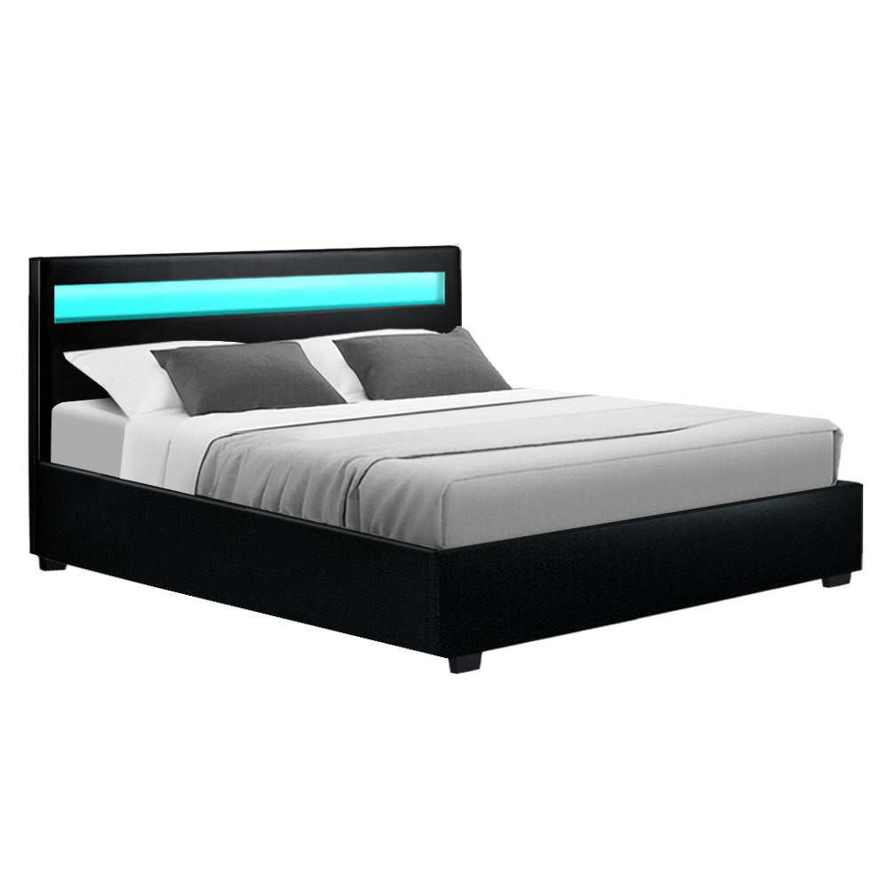 LED Bed Frame PU Leather Gas Lift Storage - Black Queen