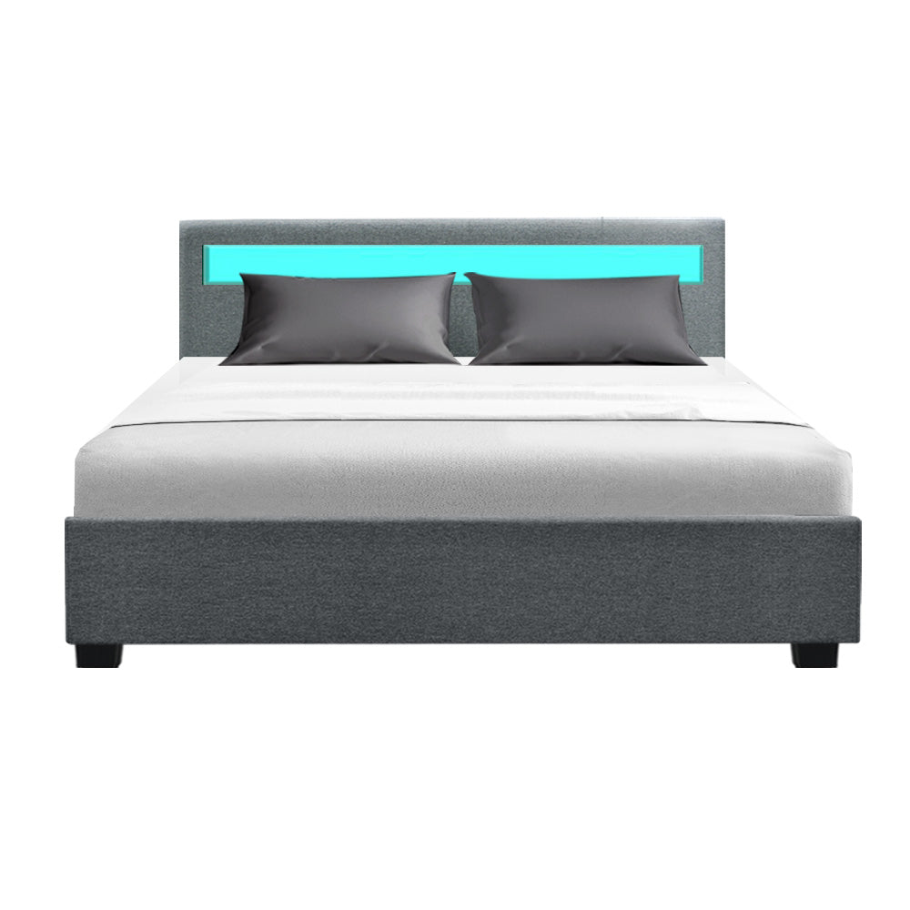 LED Bed Frame Fabric Gas Lift Storage - Grey Queen