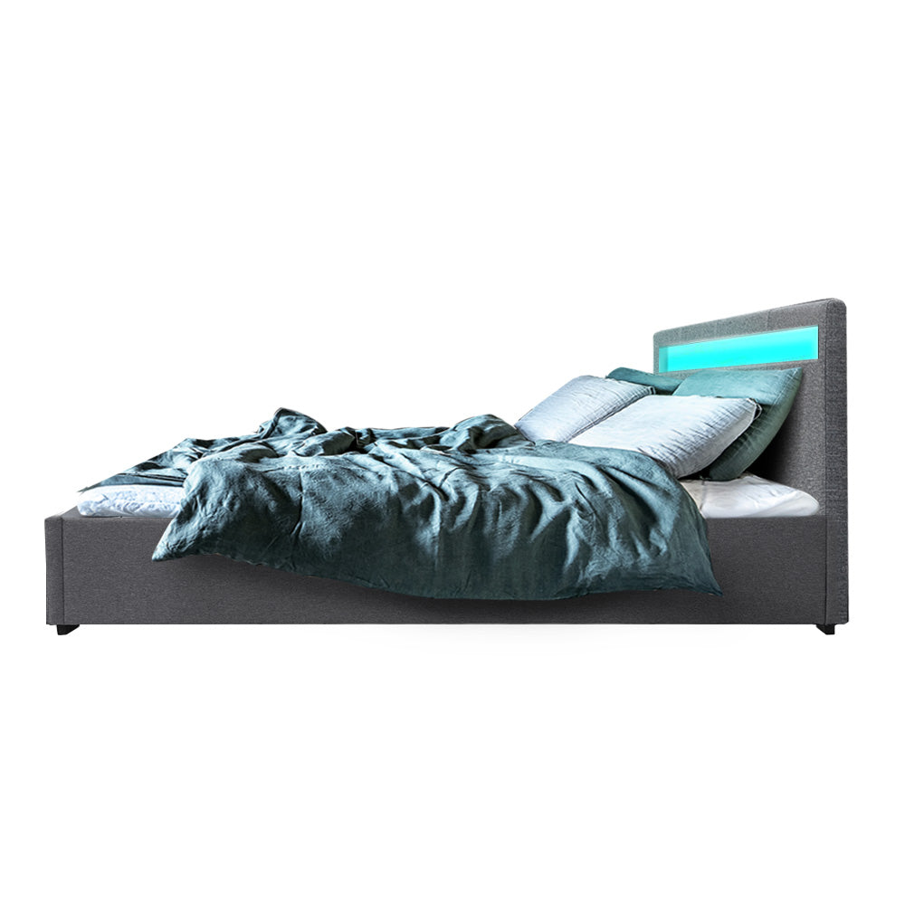 LED Bed Frame Fabric Gas Lift Storage - Grey Queen