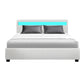 LED Bed Frame PU Leather Gas Lift Storage - White Queen