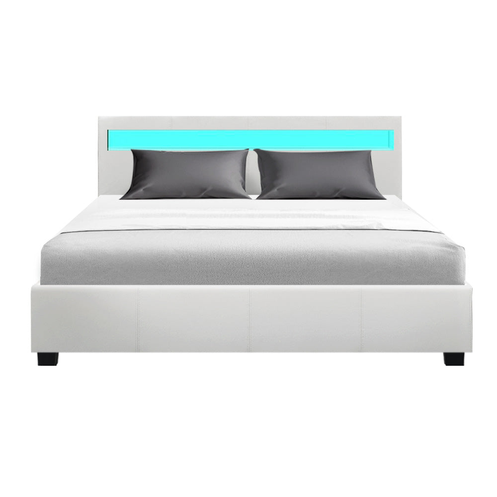 LED Bed Frame PU Leather Gas Lift Storage - White Queen