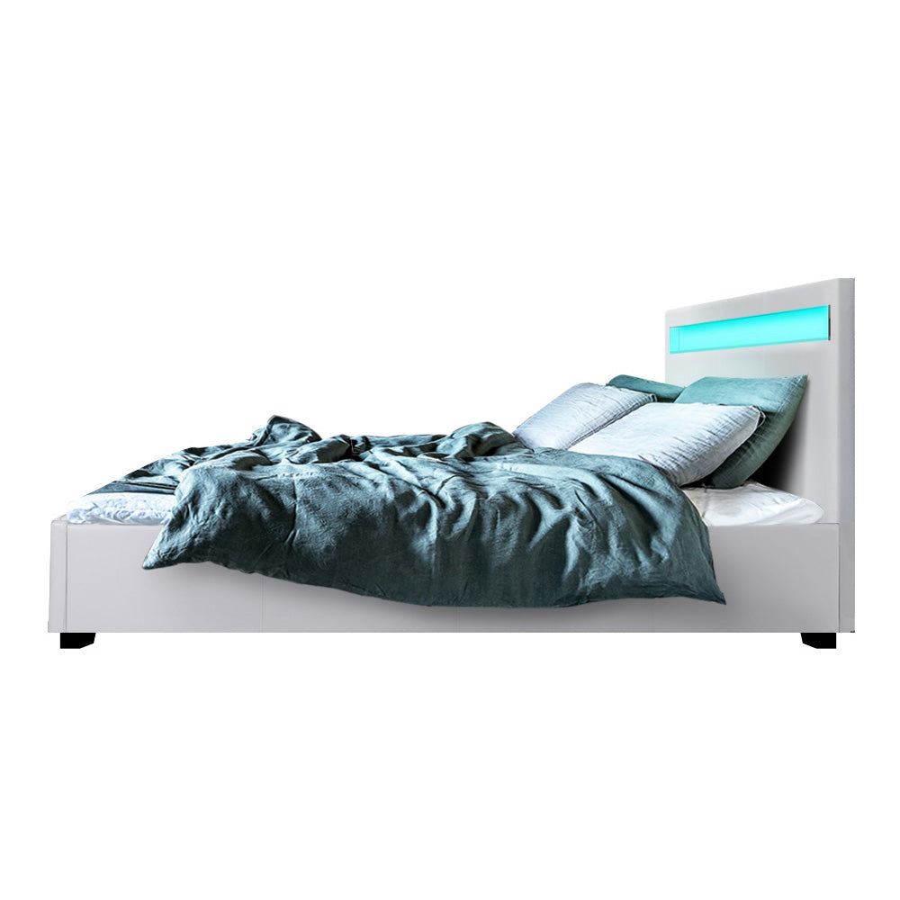 LED Bed Frame PU Leather Gas Lift Storage - White Queen