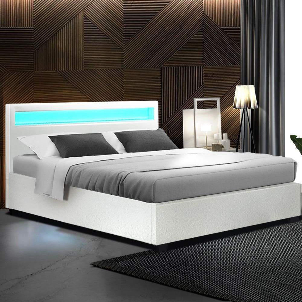 LED Bed Frame PU Leather Gas Lift Storage - White Queen