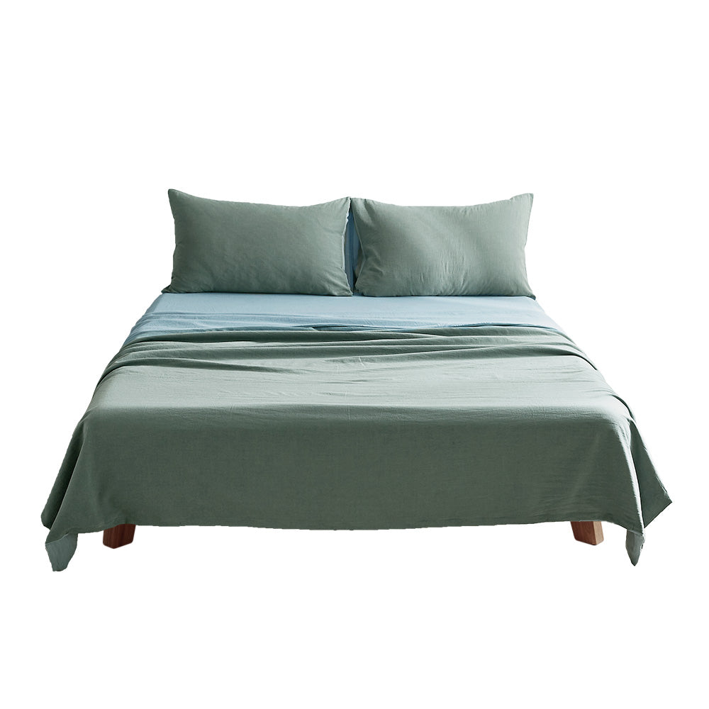 Cosy Club Washed Cotton Sheet Set Green Blue Single