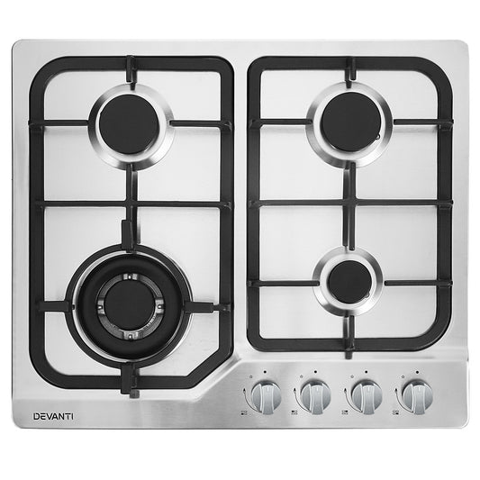 Devanti Gas Cooktop 60cm Gas Stove Cooker 4 Burner Cook Top Konbs NG LPG Steel