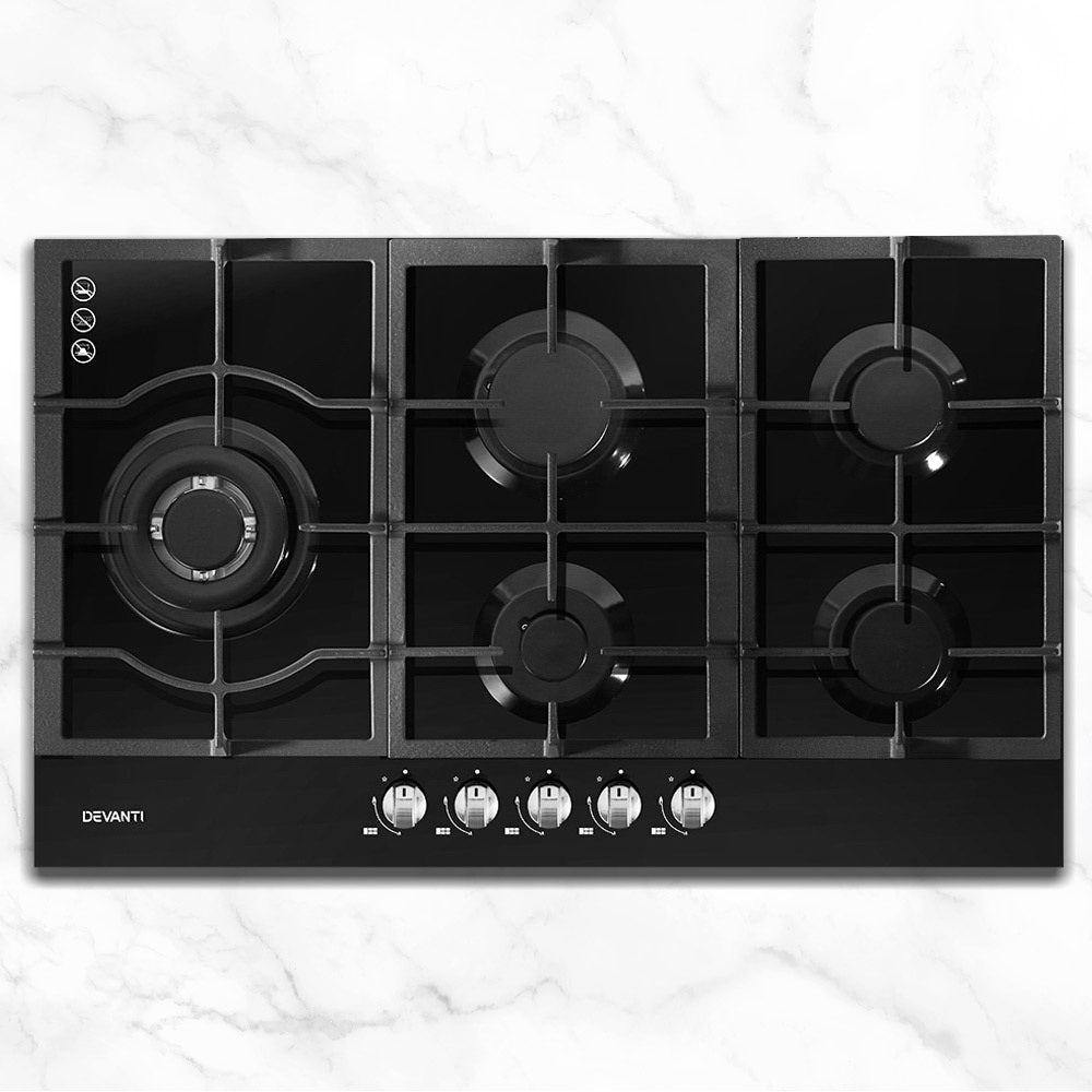 Gas Cooktop 90cm 5 Burner Stove Hob Cooker Kitchen NG LPG Black Glass