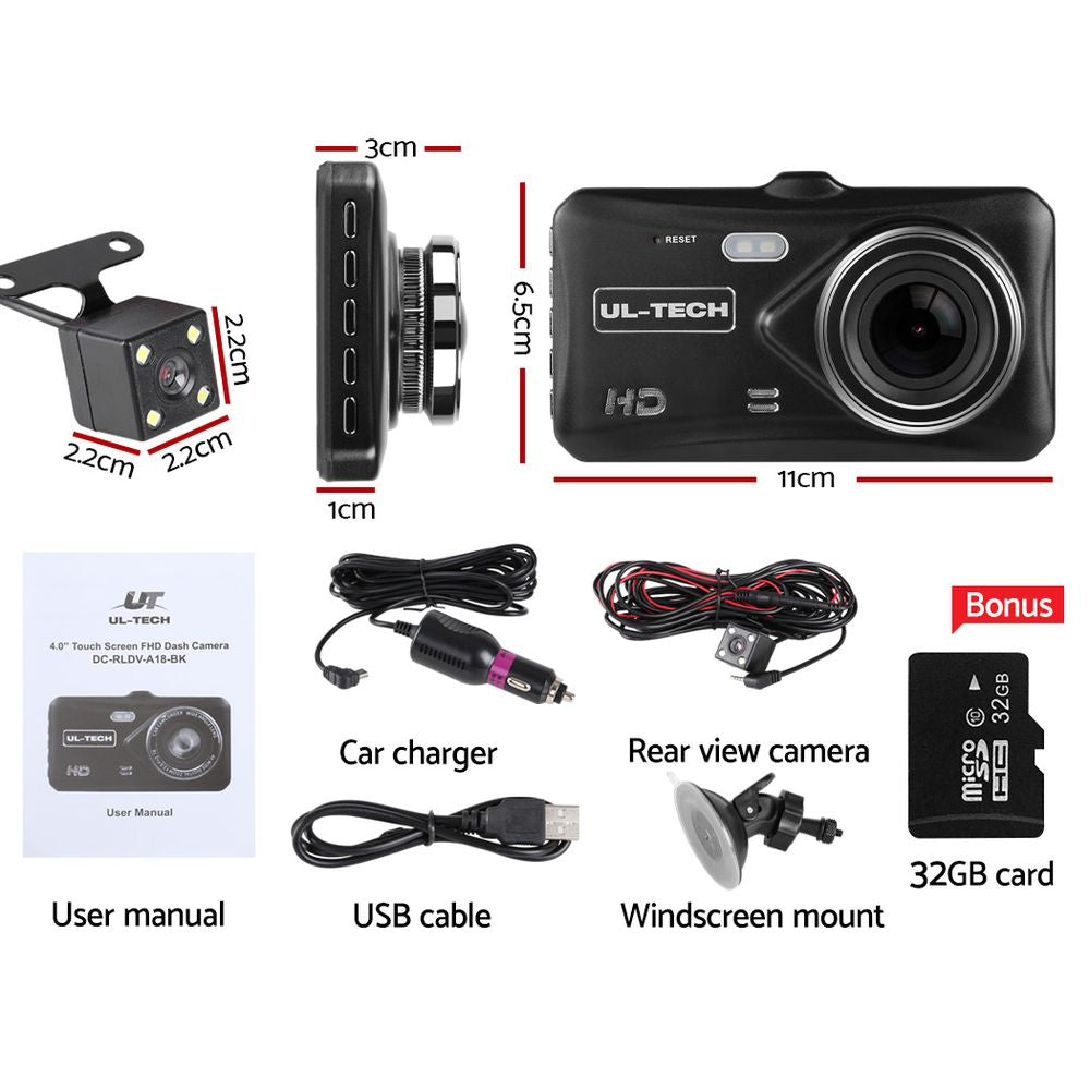 UL Tech 4 Inch Dual Camera Dash Camera - Black