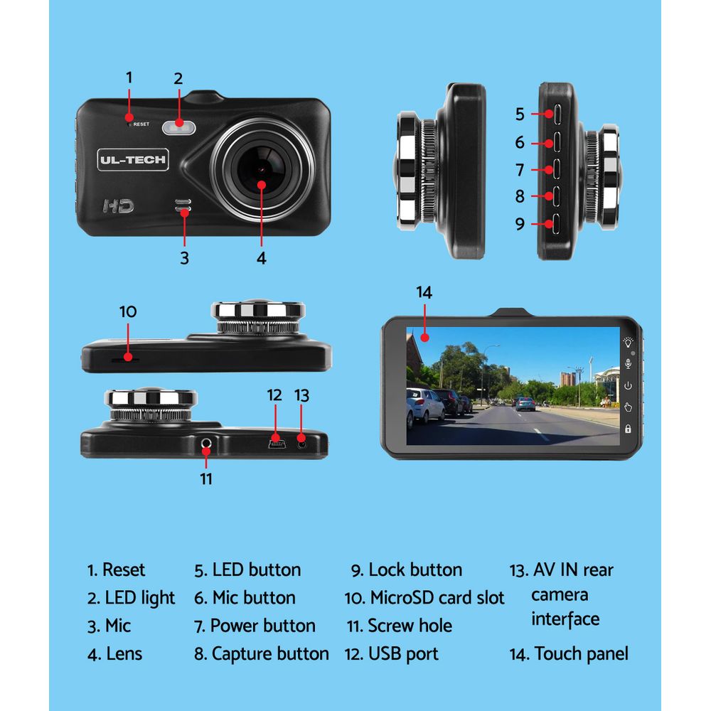 UL Tech 4 Inch Dual Camera Dash Camera - Black