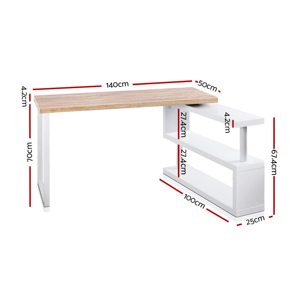 Artiss Rotary Corner Desk with Bookshelf - Brown & White