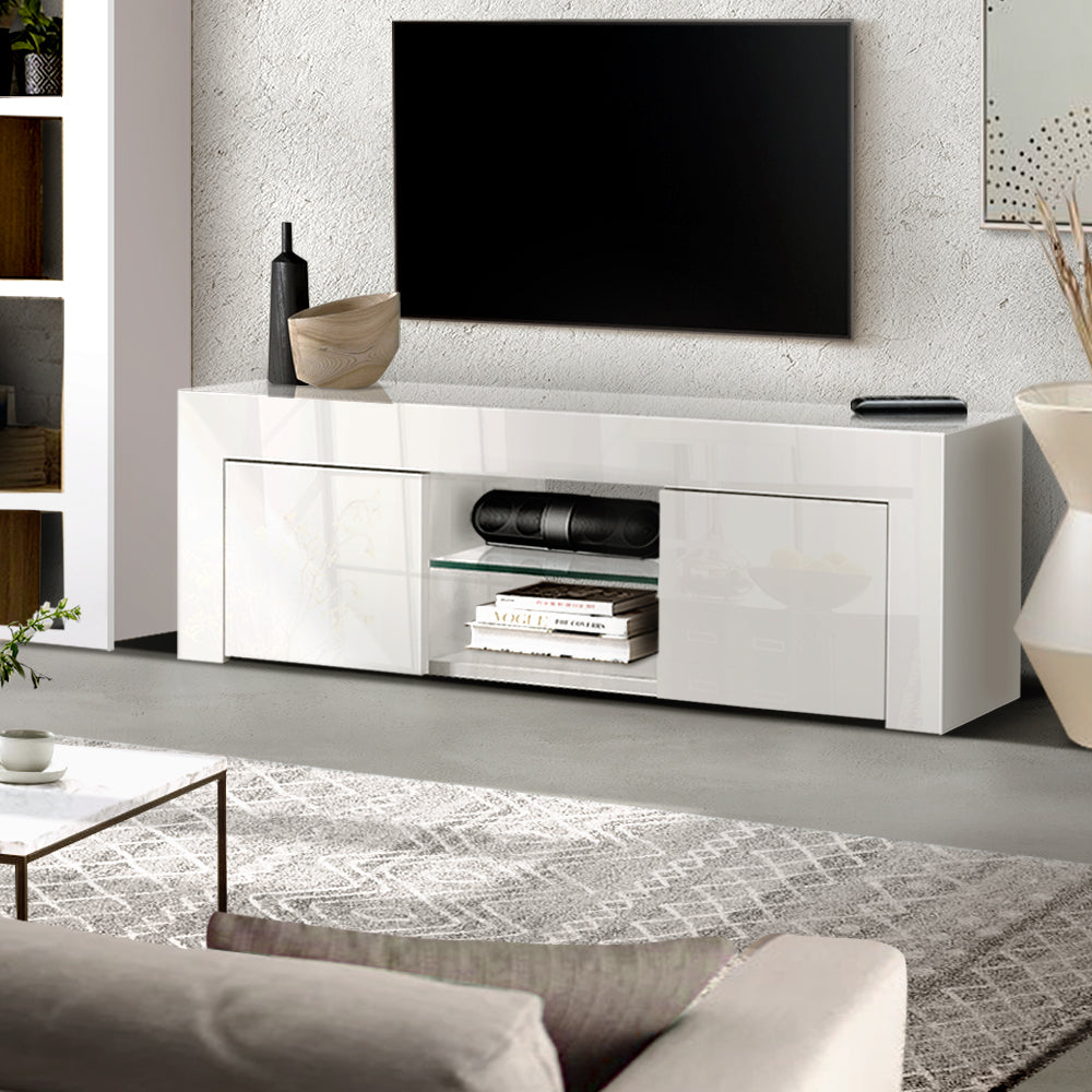 130cm High Gloss TV Stand Entertainment Unit Storage Cabinet Tempered Glass Shelf White