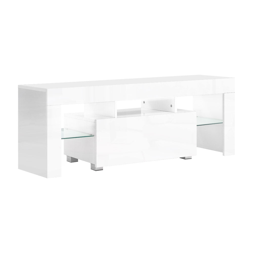 130cm RGB LED TV Stand Cabinet Entertainment Unit Gloss Furniture Drawer Tempered Glass Shelf White