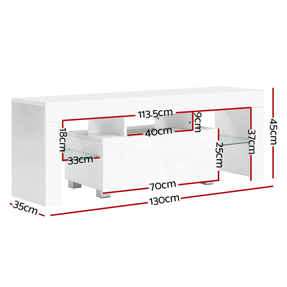 130cm RGB LED TV Stand Cabinet Entertainment Unit Gloss Furniture Drawer Tempered Glass Shelf White