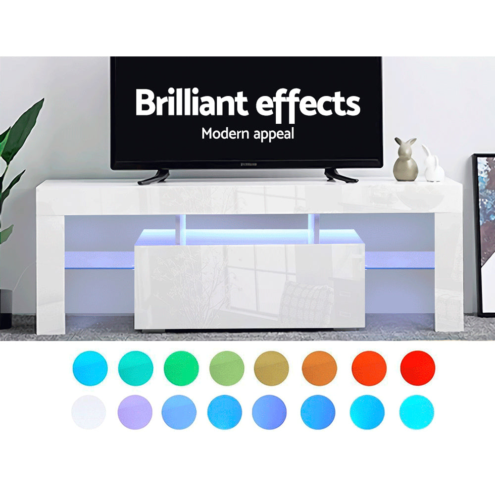 130cm RGB LED TV Stand Cabinet Entertainment Unit Gloss Furniture Drawer Tempered Glass Shelf White