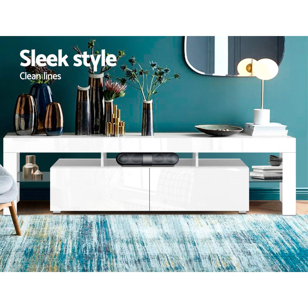 189cm RGB LED TV Stand Cabinet Entertainment Unit Gloss Furniture Drawers Tempered Glass Shelf White