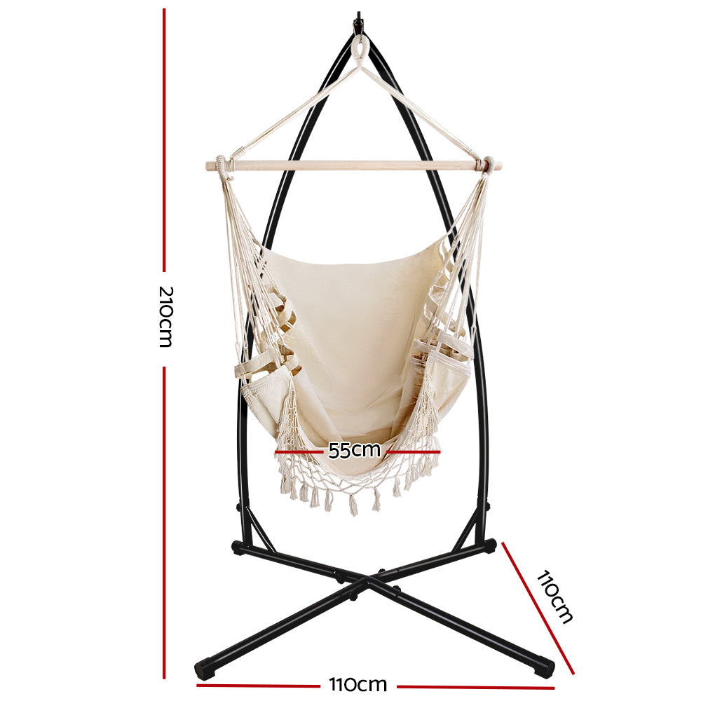 Gardeon Outdoor Hammock Chair with Steel Stand Tassel Hanging Rope Hammock Cream