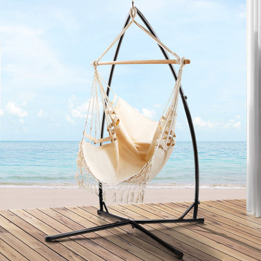 Gardeon Outdoor Hammock Chair with Steel Stand Tassel Hanging Rope Hammock Cream