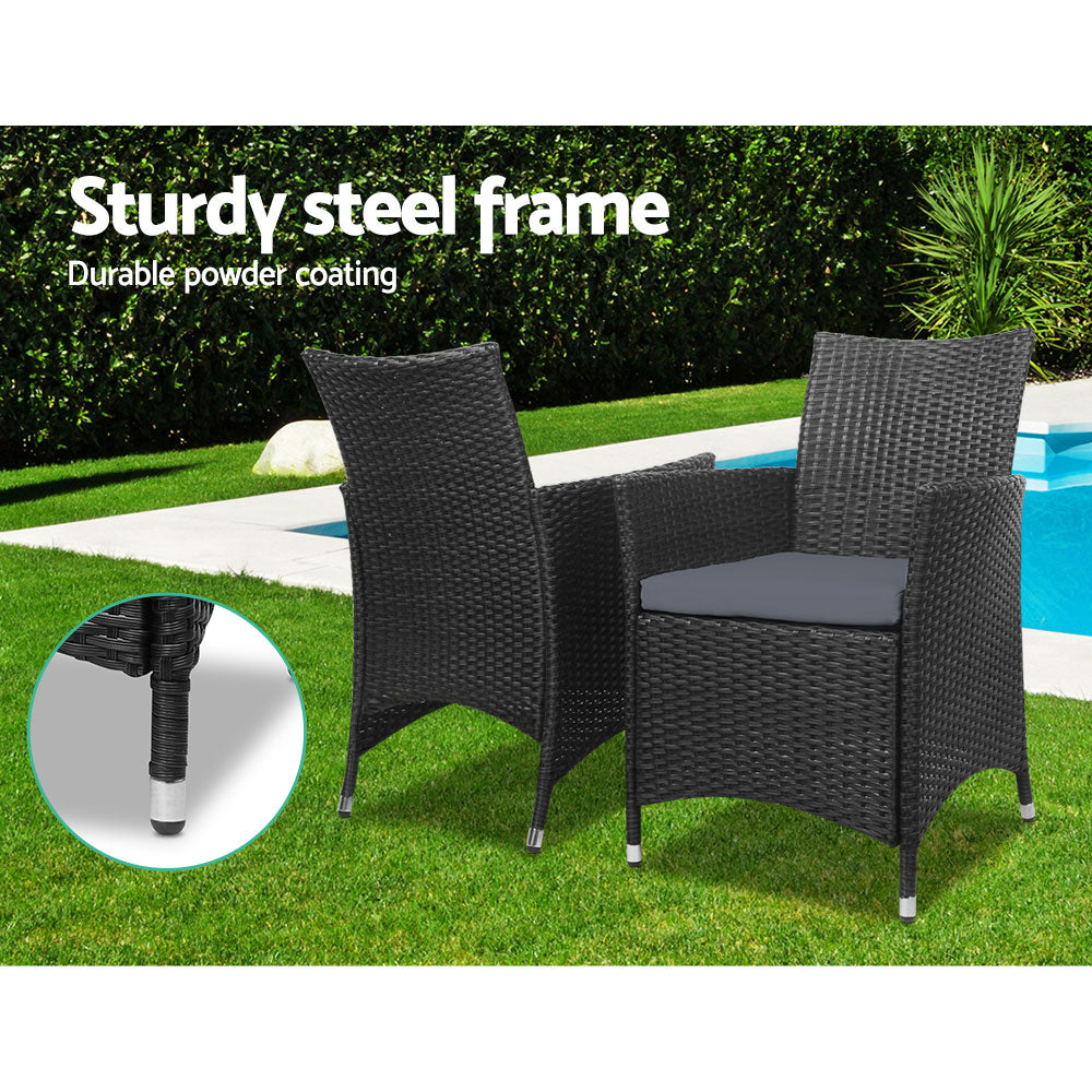 Gardeon 3pc Bistro Wicker Outdoor Furniture Set Black