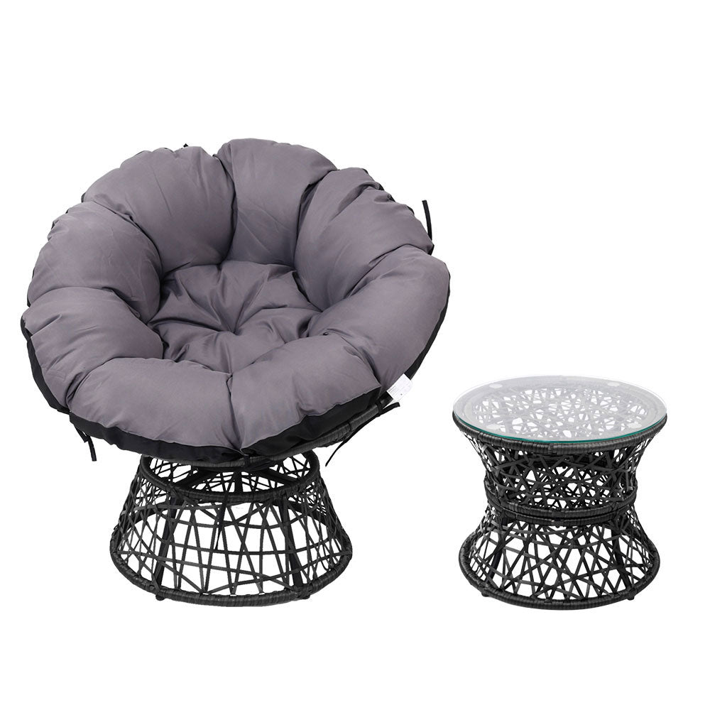 Gardeon Outdoor Lounge Setting Papasan Chairs Table Patio Furniture Wicker Black