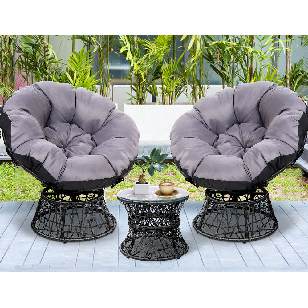 Gardeon Outdoor Lounge Setting Papasan Chairs Table Patio Furniture Wicker Black