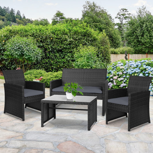 Gardeon Rattan Furniture Outdoor Lounge Setting Wicker Dining Set w/Storage Cover Black