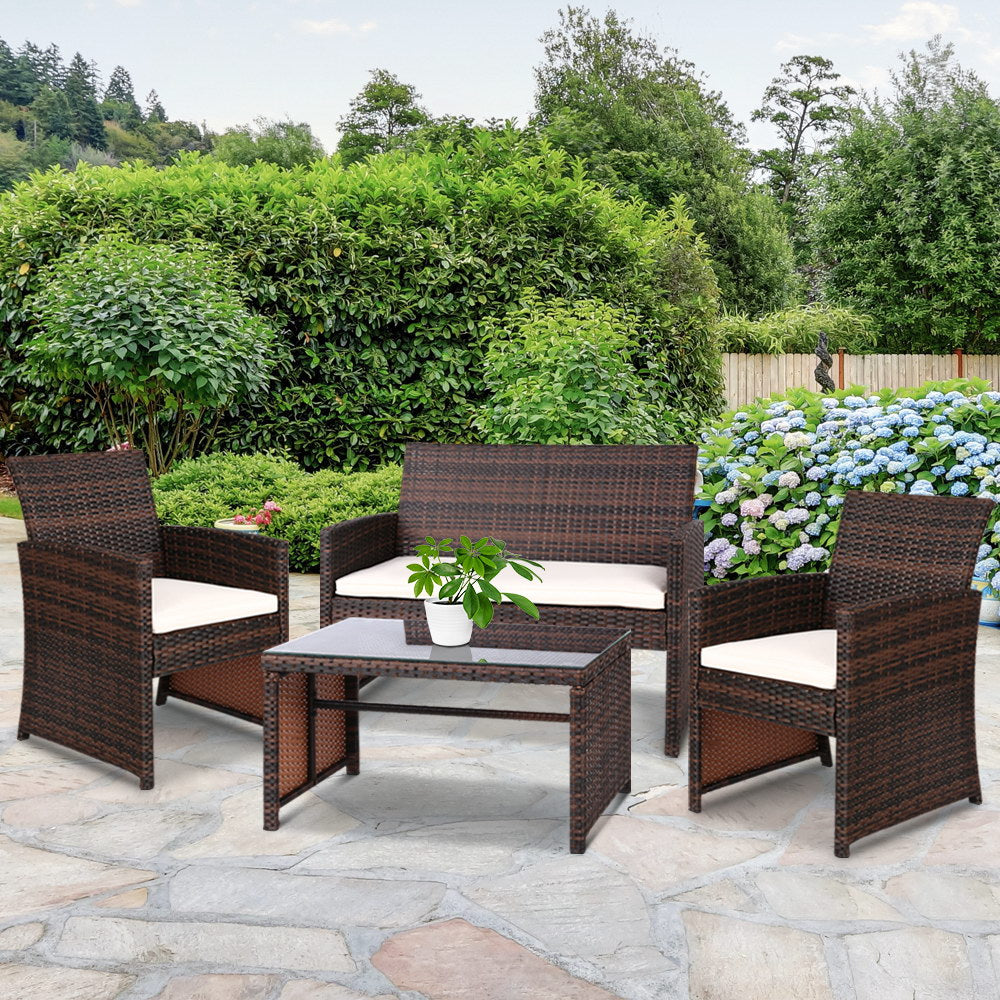 Set of 4 Outdoor Lounge Setting Rattan Patio Wicker Dining Set Brown