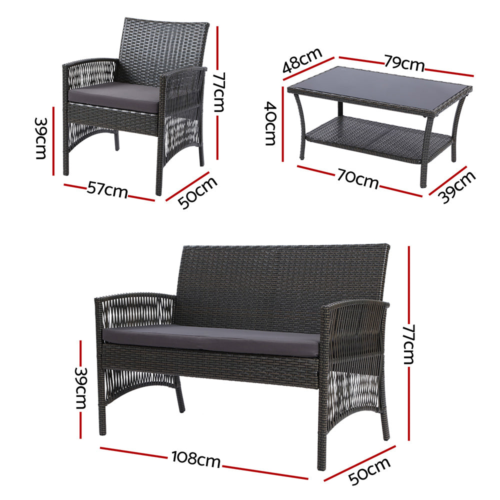 Gardeon 4 PCS Outdoor Furniture Lounge Setting Wicker Dining Set Grey