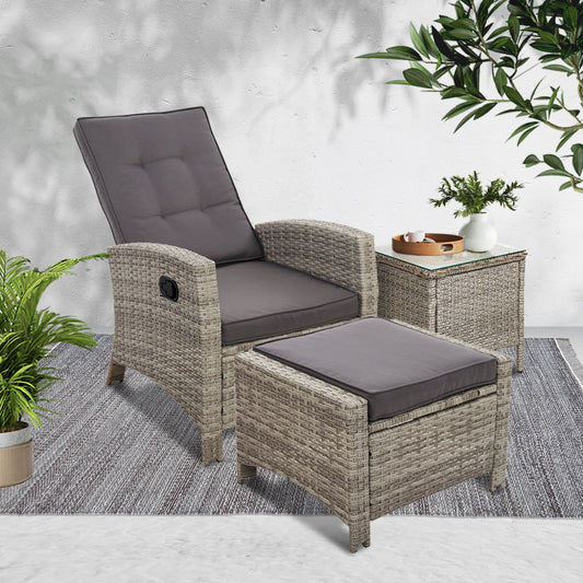 Gardeon Outdoor Setting Recliner Chair Table Set Wicker lounge Patio Furniture Grey