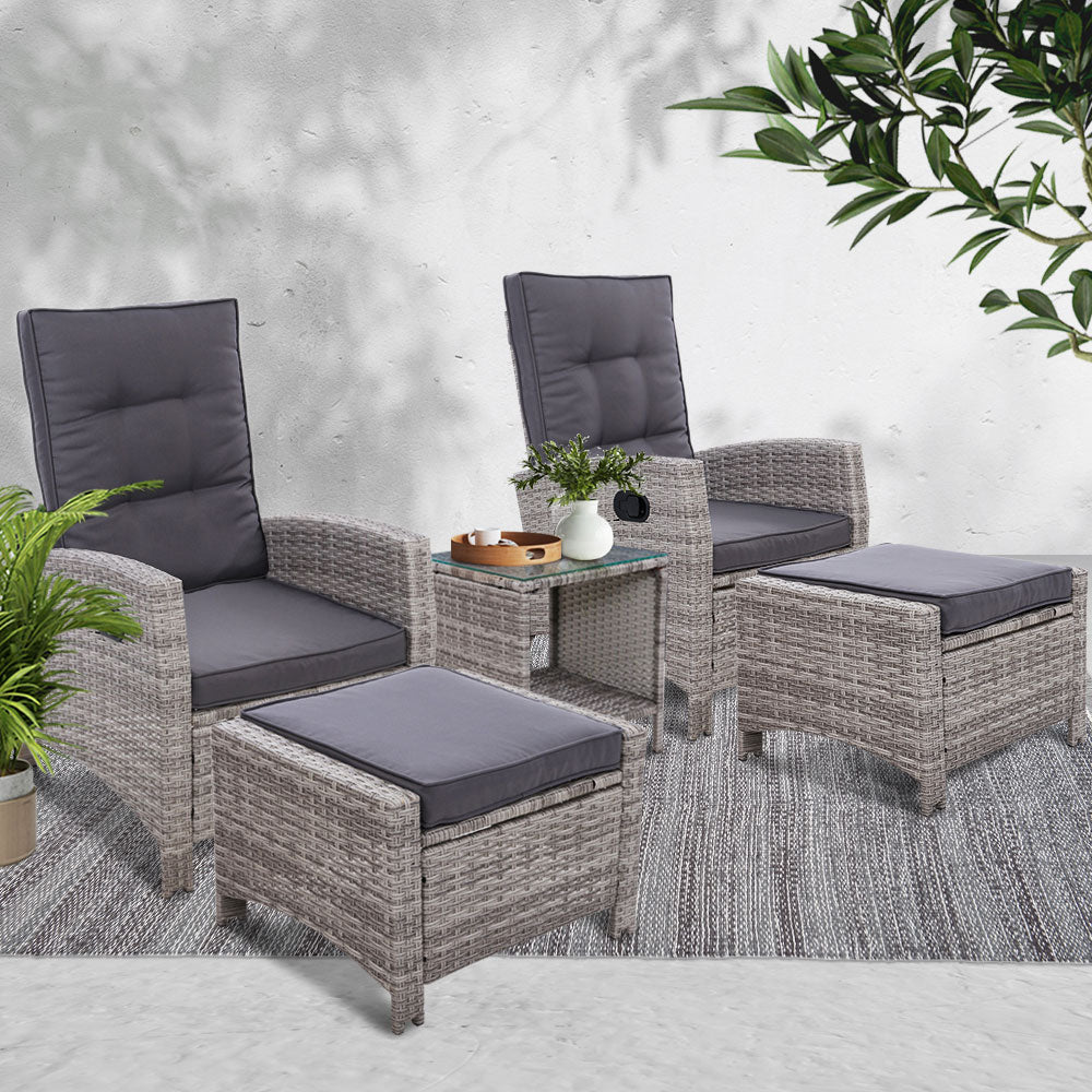 Gardeon Outdoor Patio Furniture Recliner Chairs Table Setting Wicker Lounge 5pc Grey