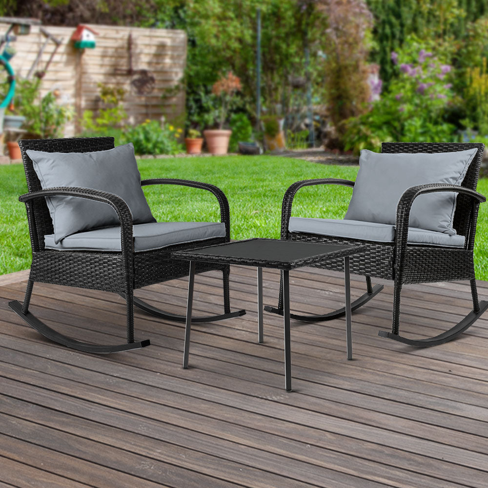 Gardeon 3 Piece Outdoor Chair Rocking Set - Black