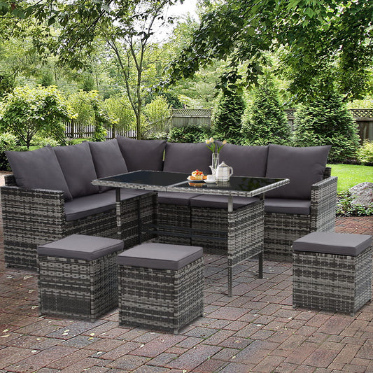 Outdoor Furniture Dining Setting Sofa Set Lounge Wicker 9 Seater Mixed Grey