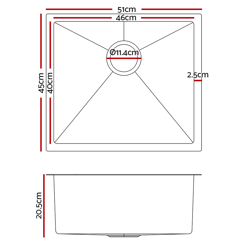 Cefito 51cm x 45cm Stainless Steel Kitchen Sink Under/Top/Flush Mount Black