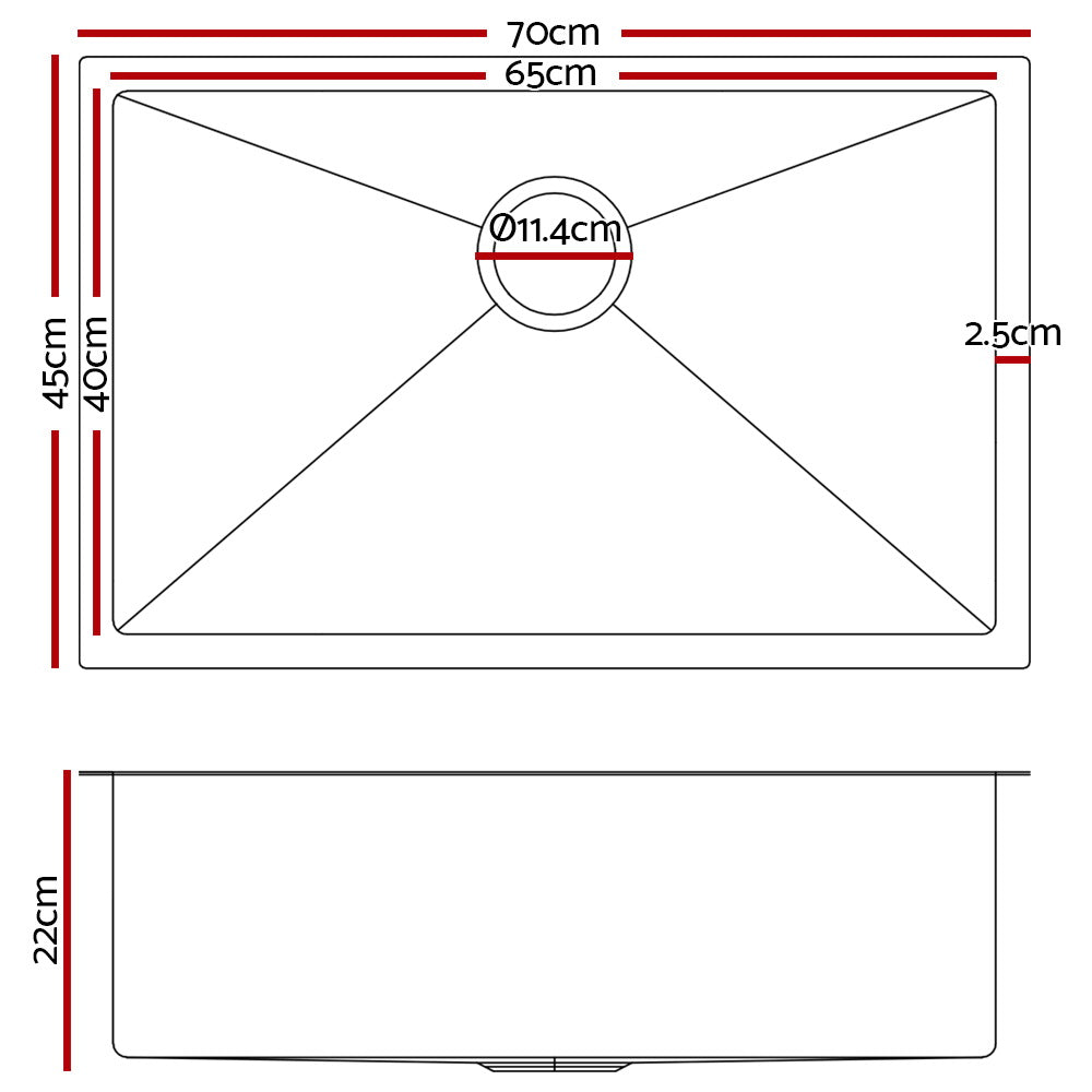 Cefito 70cm x 45cm Stainless Steel Kitchen Sink Under/Top/Flush Mount Black