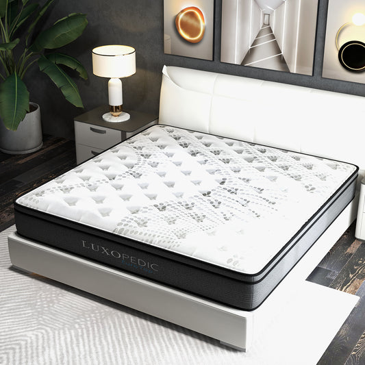 Luxopedic Pocket Spring Mattress 5 Zone 32CM Euro Top Memory Foam Medium Firm - Queen - White  Grey