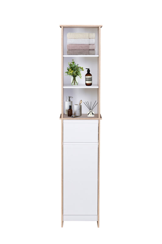 Alto Bathroom Tallboy Narrow High Cabinet With 1 Door/1 Drawer/3 Shelves - Oak/White