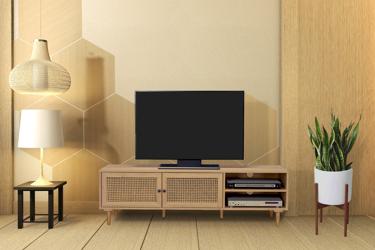 Natura Rattan TV Stand Entertainment Unit With 2 Doors & Shelves