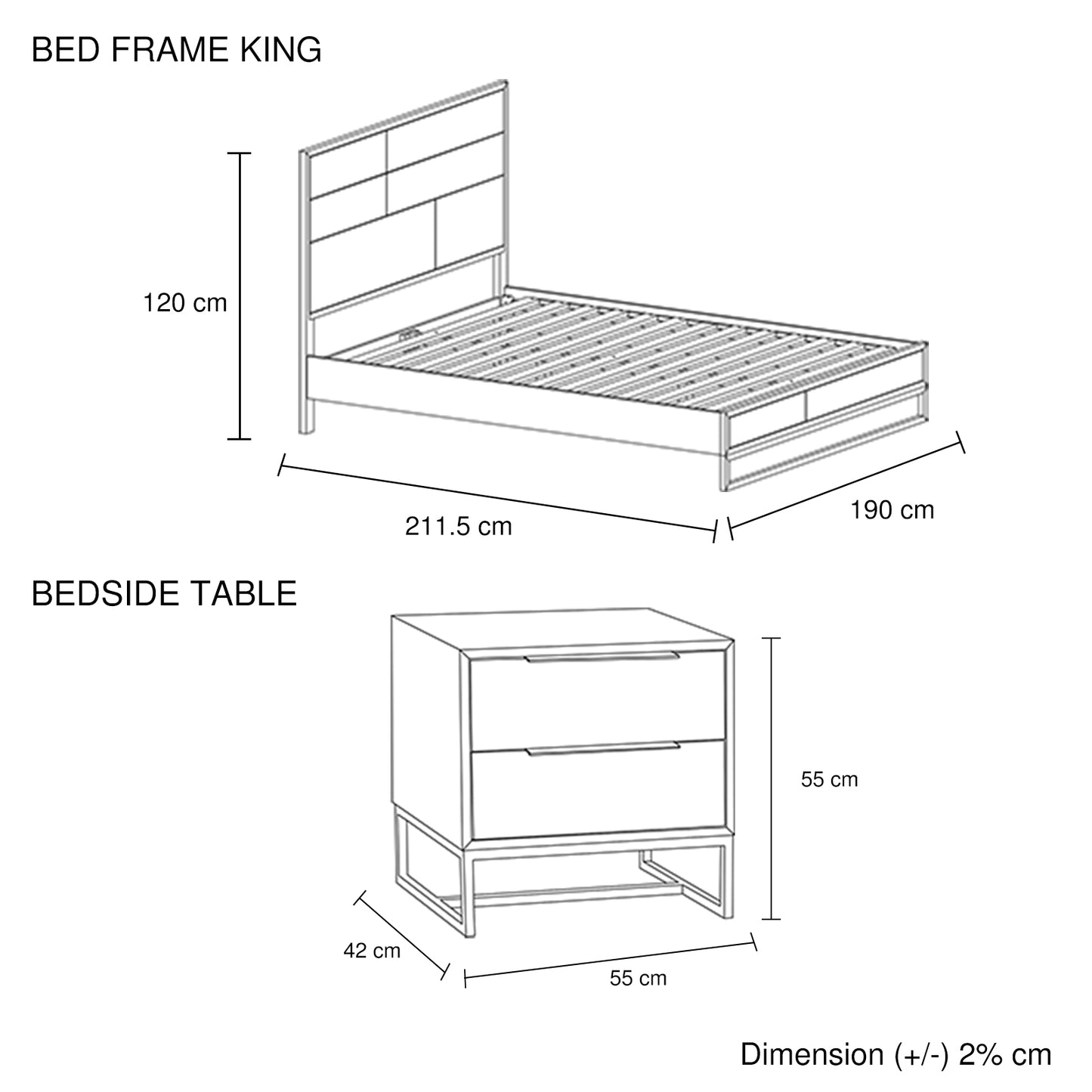 3 Pieces Bedroom Suite made in Solid Wood Acacia Veneered King Size Oak Colour Bed, Bedside Table