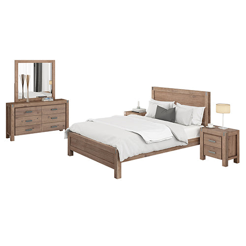 4 Pieces Bedroom Suite in Solid Wood Veneered Acacia Construction Timber Slat King Single Size Oak Colour Bed, Bedside Table & Dresser