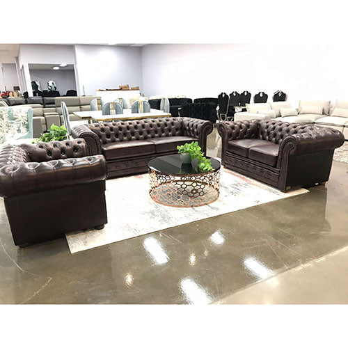 Elegant sofa 3+2+1 Seater Genuine Leather Upholstery Deep Quilting Pocket Spring Button Studding Sofa Lounge Set for Living Room Couch In Brown Colour