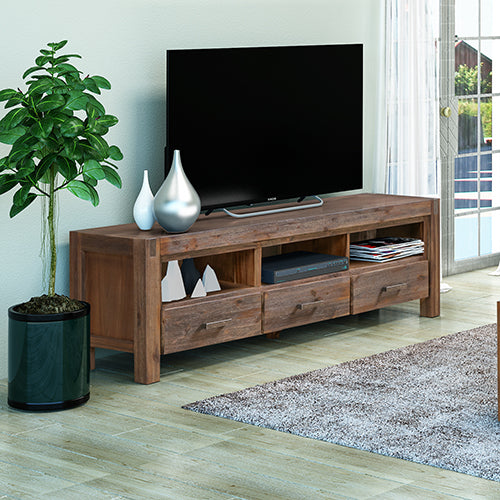 TV Cabinet with 3 Storage Drawers with Shelf Solid Acacia Wooden Frame Entertainment Unit in Chocolate Colour