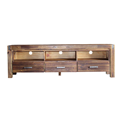 TV Cabinet with 3 Storage Drawers with Shelf Solid Acacia Wooden Frame Entertainment Unit in Chocolate Colour