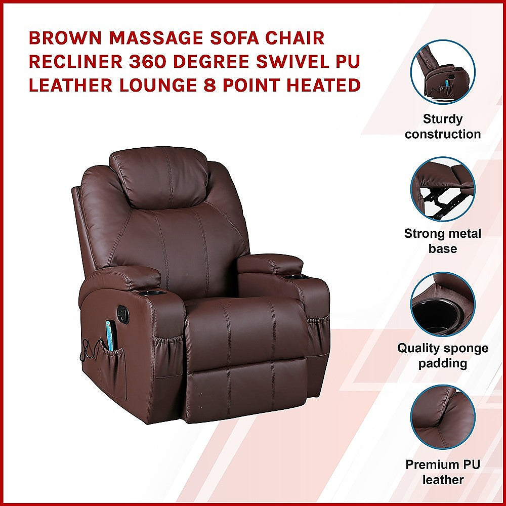 Brown Massage Sofa Chair Recliner 360 Degree Swivel PU Leather Lounge 8 Point Heated