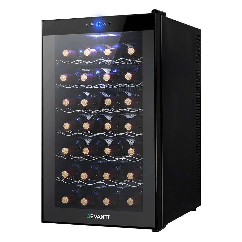 Devanti Wine Cooler 28 Bottles Glass Door Beverage Cooler Thermoelectric Fridge Black